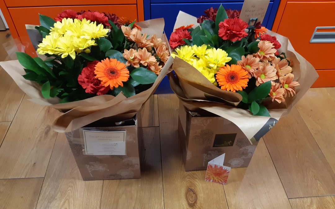 September 2020 Not one but two beautiful, autumnal bouquets from Mr F.  Thanks very much, they really made us smile 😀